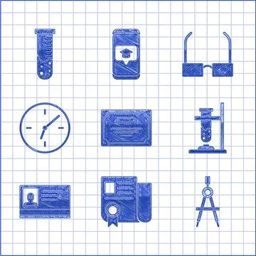 Set Certificate template, Drawing compass, Glass test tube flask on fire, I.. 库存插图