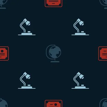 Set Certificate template, Earth globe and Table lamp on seamless pattern. Vector Stock Illustration