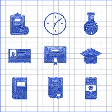 Set Certificate template, Graduation cap on screen smartphone, Book Stock Illustration