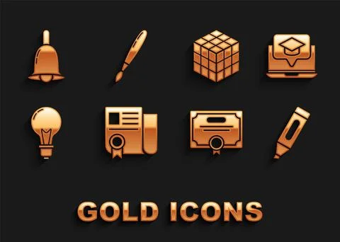 Set Certificate template, Graduation cap on screen laptop, Marker pen, Light Stock Illustration