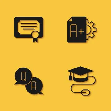 Set Certificate template, Graduation cap with mouse, Question and Answer and Stock Illustration