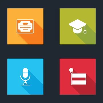 Set Certificate template, Graduation cap, Microphone voice device and Flag icon Stock Illustration