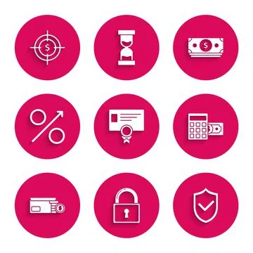 Set Certificate template, Lock, Shield with check mark, Calculator dollar symbol 스톡 일러스트