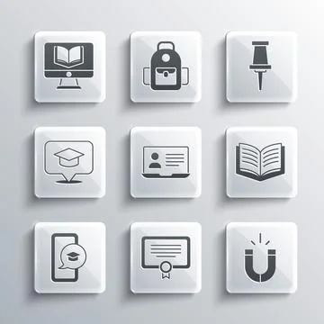 Set Certificate template, Magnet, Open book, Online class, Graduation cap on Stock Illustration