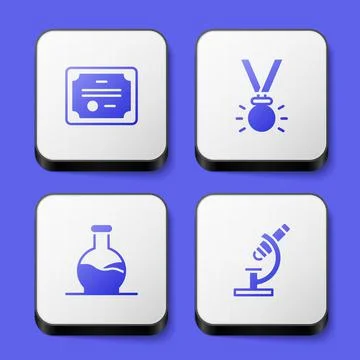 Set Certificate template, Medal, Test tube and Microscope icon. White square Illustrazione stock