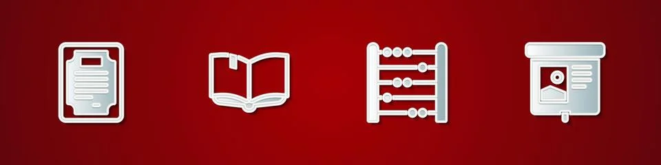 Set Certificate template, Open book, Abacus and Projection screen icon. Vecto Stock Illustration