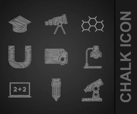 Set Certificate template, Pencil with eraser, Microscope, Table lamp, Chalkboard Stock Illustration