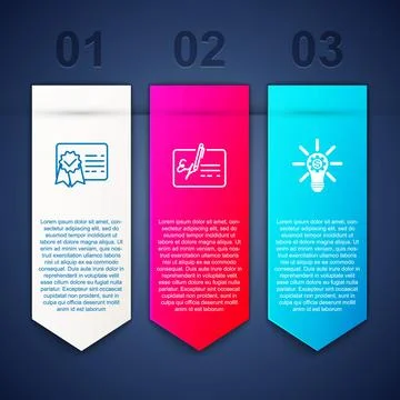 Set Certificate template, Signed document and Light bulb with gear. Business  Stock Illustration