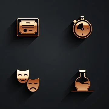 Set Certificate template, Stopwatch, Comedy and tragedy masks and Test tube icon 库存插图