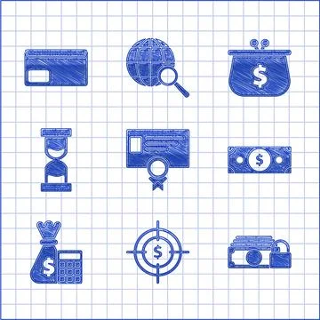 Set Certificate template, Target with dollar symbol, Money lock, Stacks paper 스톡 일러스트