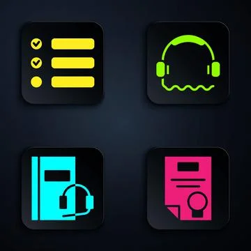 Set Certificate template, Task list, Audio book and Headphones. Black square Stockillustratie