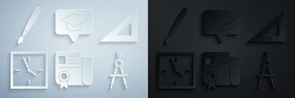 Set Certificate template, Triangular ruler, Clock, Drawing compass, Graduation Stock Illustration