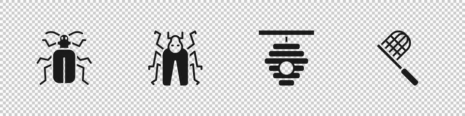 Set Chafer beetle, Beetle bug, Hive for bees and Butterfly net icon. Vector Stockillustratie