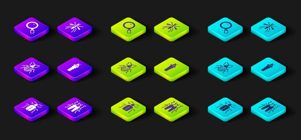 Set Chafer beetle, Beetle bug, Larva insect, Mosquito and Magnifying glass icon Stock Illustration