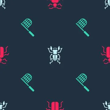 Set Chafer beetle, Beetle deer and Butterfly net on seamless pattern. Vector 스톡 일러스트
