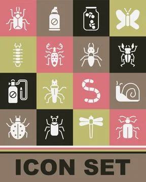 Set Chafer beetle, Snail, Beetle deer, Fireflies bugs in jar, Centipede, and Ant Illustration