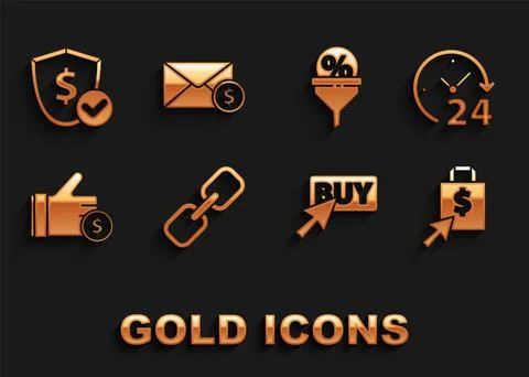 Set Chain link Clock 24 hours Shoping bag and dollar Buy button Hand holding  Stock Illustration