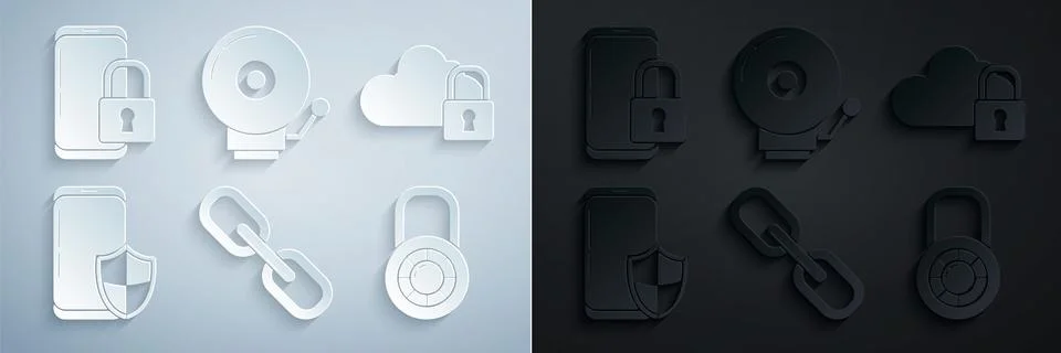 Set Chain link, Cloud computing lock, Smartphone with security shield, Safe Stock Illustration