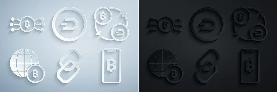 Set Chain link, Cryptocurrency exchange, Globe and cryptocurrency coin Bitc.. Stock Illustration
