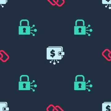 Set Chain link, Cryptocurrency wallet and Lock with bitcoin on seamless pattern Stock Illustration