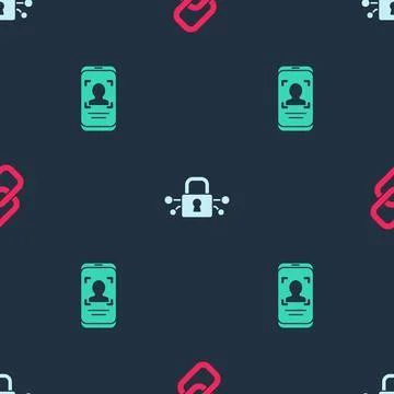 Set Chain link, Cyber security and Mobile and face recognition on seamless Stock Illustration