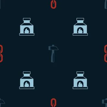 Set Chain link, Hammer and Blacksmith oven on seamless pattern. Vector Illustrazione stock
