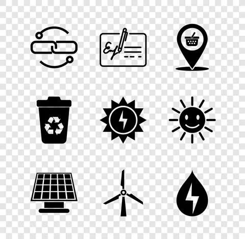 Set Chain link line, Signed document, Location shopping basket, Solar energy Stock Illustration