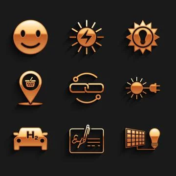 Set Chain link line, Signed document, Solar energy panel and light bulb, Su.. Stock Illustration