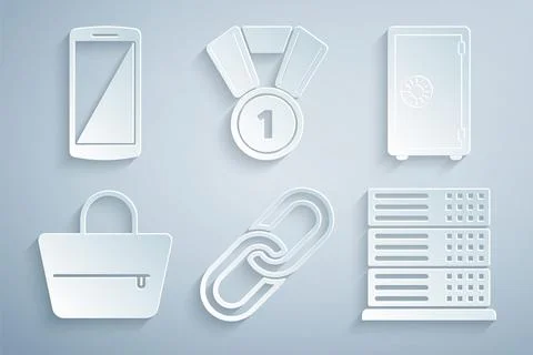 Set Chain link, Safe, Handbag, Server, Data, Web Hosting, Medal and Smartphone Stock Illustration