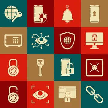 Set Chain link, Safe, Lock on computer monitor screen, Ringing bell, Eye scan Stock Illustration