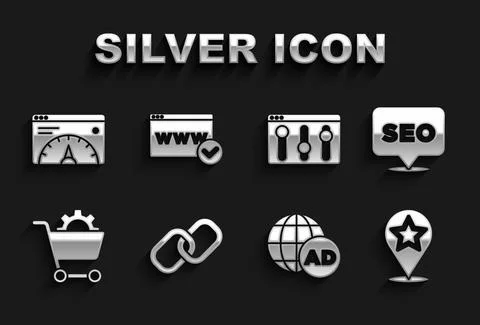 Set Chain link, SEO optimization, Map pointer with star, Advertising, Shopping Stock Illustration