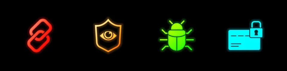 Set Chain link, Shield and eye, System bug and Credit card with lock icon Stock Illustration