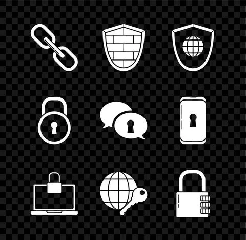 Set Chain link, Shield with cyber security brick wall, world globe, Laptop and Stock Illustration