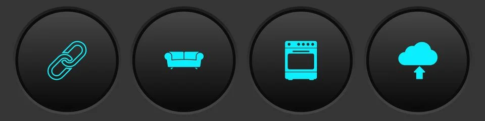 Set Chain link, Sofa, Oven and Cloud upload icon. Vector Stock Illustration