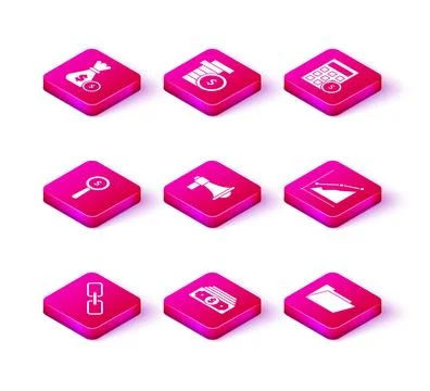 Set Chain link, Stacks paper money cash, Magnifying glass and dollar symbol.. Illustrazione stock