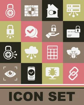 Set Chain link, System bug on cloud, Credit card with lock, Smart home, Check 스톡 일러스트