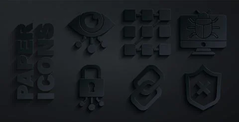 Set Chain link, System bug on monitor, Cyber security, Shield with cross mark 스톡 일러스트