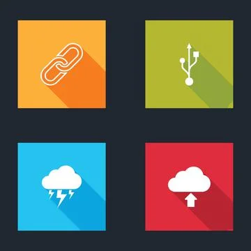 Set Chain link, USB, Storm and Cloud upload icon. Vector Stock Illustration