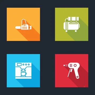 Set Chainsaw, Air compressor, Coffee machine and cup and Electric hot glue gun Stock Illustration