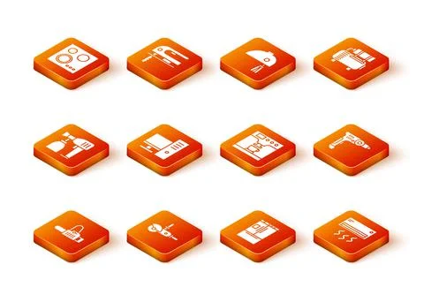 Set Chainsaw, Angle grinder, Paint spray gun, Computer monitor, Refrigerator and Ilustración de archivo