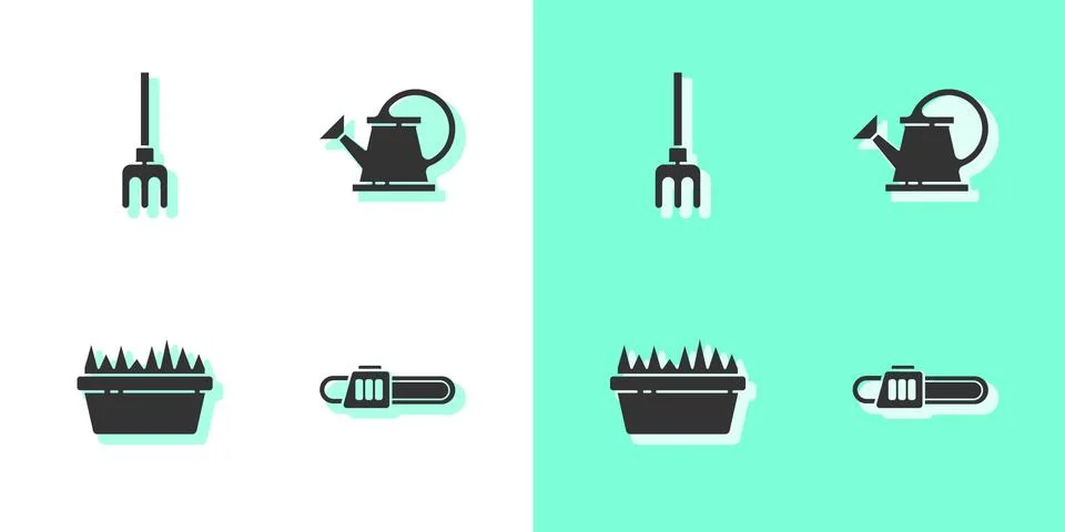 Set Chainsaw, Garden rake, Fresh grass rectangular and Watering can icon. Vector 库存插图