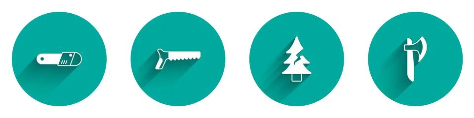 Set Chainsaw, Hand, Tree and Wooden axe icon with long shadow. Vector Stock Illustration