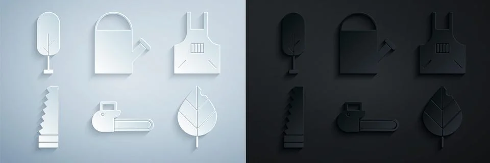 Set Chainsaw, Kitchen apron, Garden, Leaf, Watering can and Tree icon. Vector Illustrazione stock