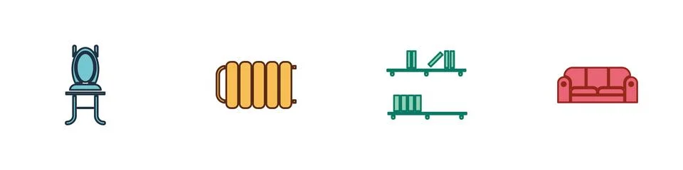 Set Chair, Heating radiator, Shelf with books and Sofa icon. Vector 스톡 일러스트