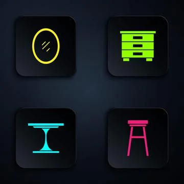 Set Chair, Mirror, Round table and Furniture nightstand. Black square button Illustrazione stock