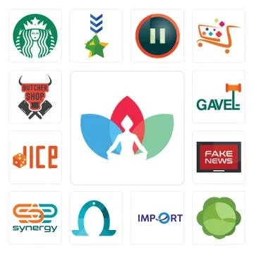 Set of chakra, cabbage, import, horseshoe, synergy, fake news, dice, gavel, b Illustrazione stock gratuita
