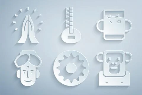 Set Chakra, Cup of tea and leaf, Indian man, Monkey, Sitar and Hands in praying Stock Illustration