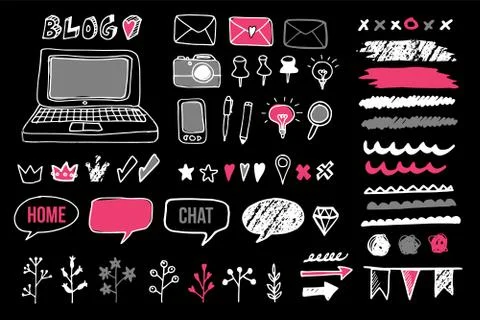 Set of chalk doodle graphic elements for blog and graphic projects, isolated Stock Illustration