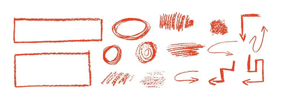 Set of chalk doodle graphic elements. Rectangular frames, ovals, arrows and Stock Illustration