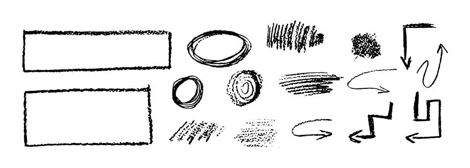 Set of chalk doodle graphic elements. Rectangular frames, ovals, arrows and 스톡 일러스트